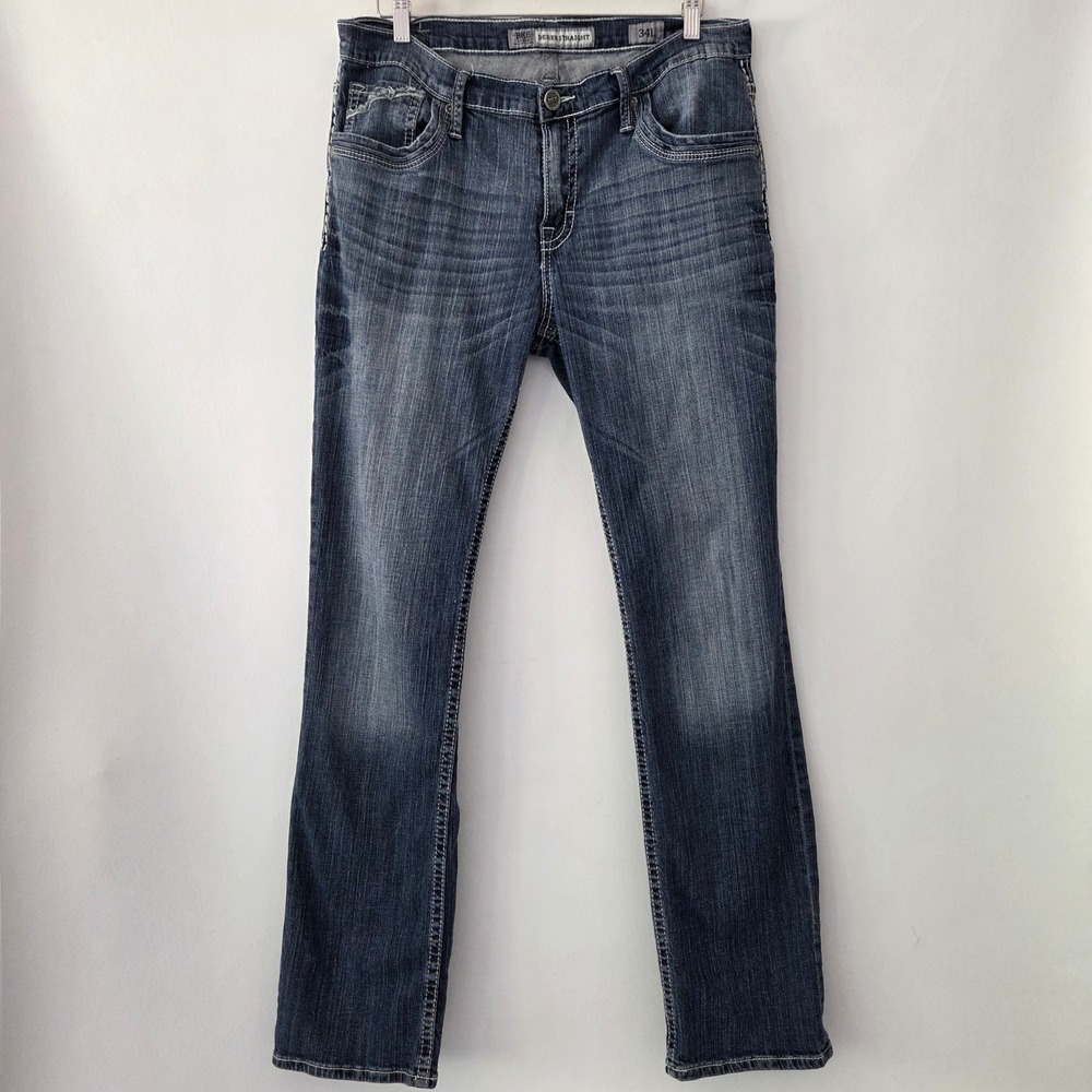 BKE Derek Straight Jeans Blue Distressed Heavy Stitch Mens 34L 34x34